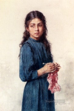 Una joven niña tejiendo retrato Alexei Harlamov Pinturas al óleo